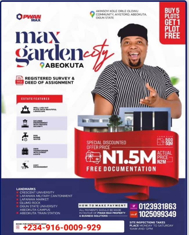 Land for Sale in Abeokuta – Max Garden Estate From ₦1.5M for 500sqm + Buy 5 Get 1 Free! Secure, Serene, and Sustainable Living