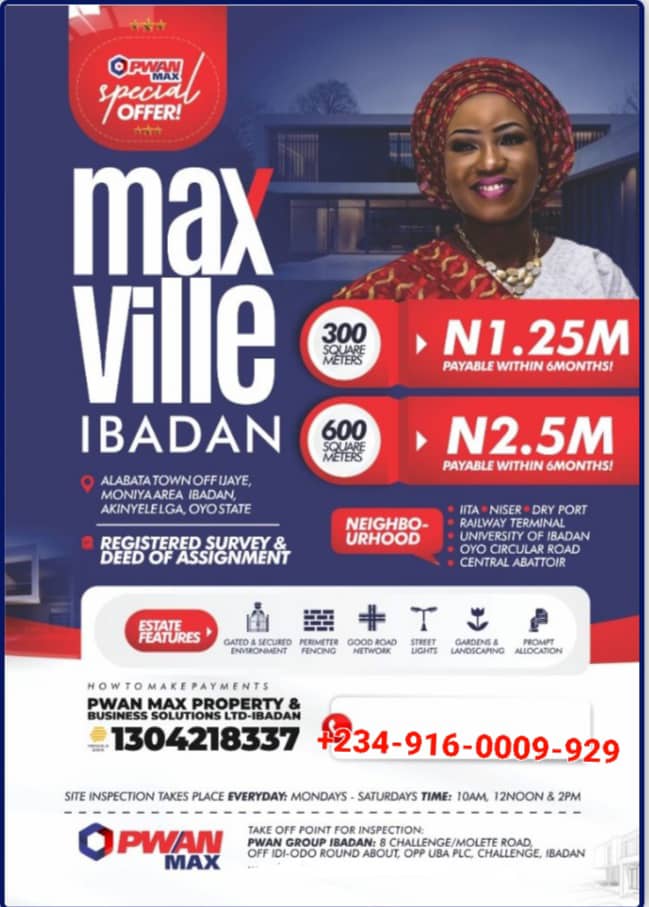 Land for Sale in Ibadan – Max Ville Estate Plots from ₦1.25M for 300sqm Own a Secure Investment in Moniya, Ibadan