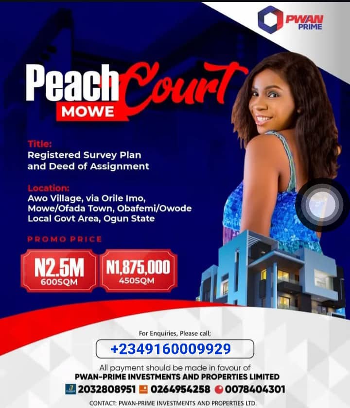 Land for Sale in Mowe Ogun State – From N1.875M A Once-in-a-Lifetime Opportunity in Peach Court Estate