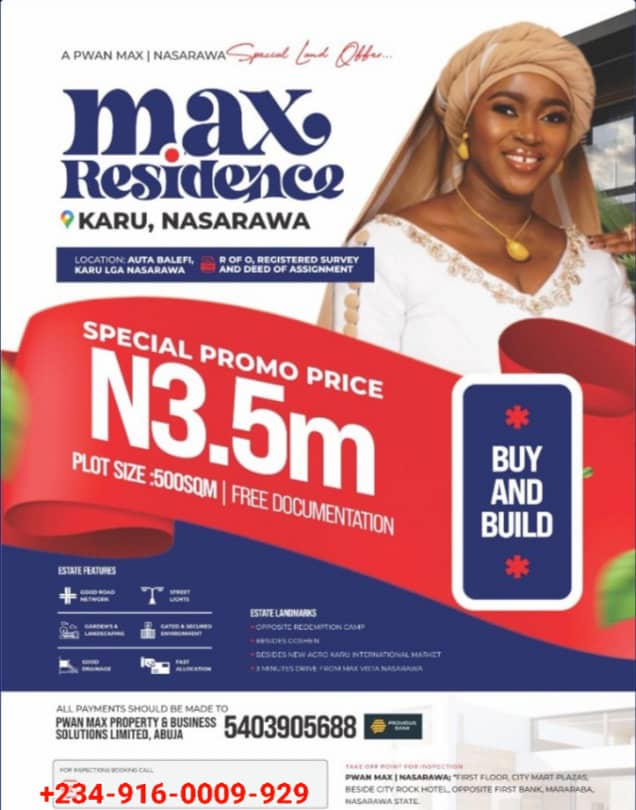 Land for Sale in Nasarawa State – Max Residence from ₦3.5M for 500SQM Auta Balefi, Karu