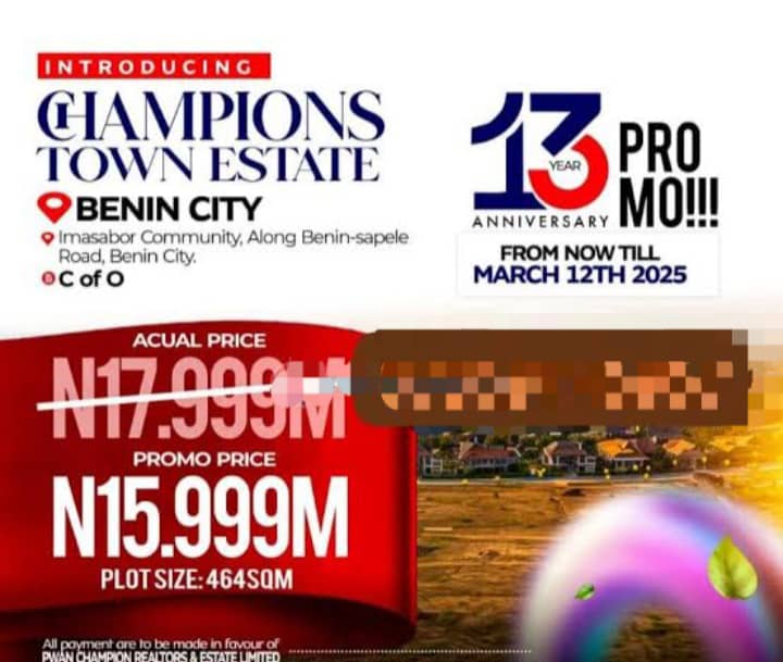 Land for Sale in Benin City Edo State Nigeria - #15,999,000 – Unlock Your Dream Home with Champions Town!