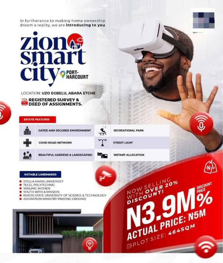 Land for Sale in Port Harcourt, Seize Your Piece of Zion Smart City for Just ₦3.9 Million!