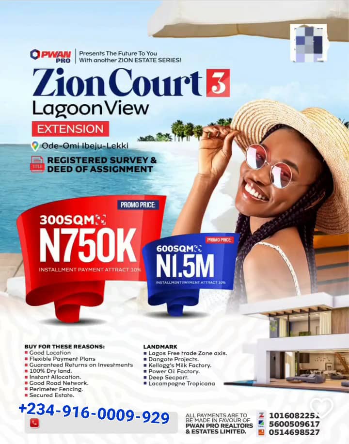 Waterfront Property for Sale in Ibeju Lekki N1,500,000 – Unlock the Secrets of Zion Court 3 Lagoon View!